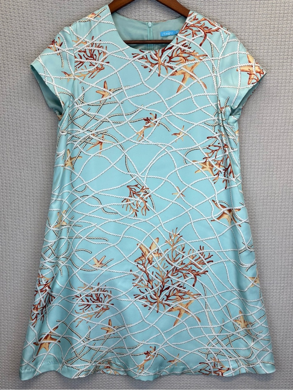 J McLaughlin Dress 100% Silk Blue Nautical Shift Mini Dress Sz Med Coral Resort